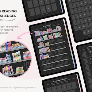 May include: A digital planner with a black background and colorful text. The planner features different reading challenges, including a bookshelf, a calendar, and an A-Z reading challenge. The text on the planner includes "FUN READING CHALLENGES", "MY BOOKSHELF", "VARIED BOOKS CHALLENGE", and "A-Z READING CHALLENGE".