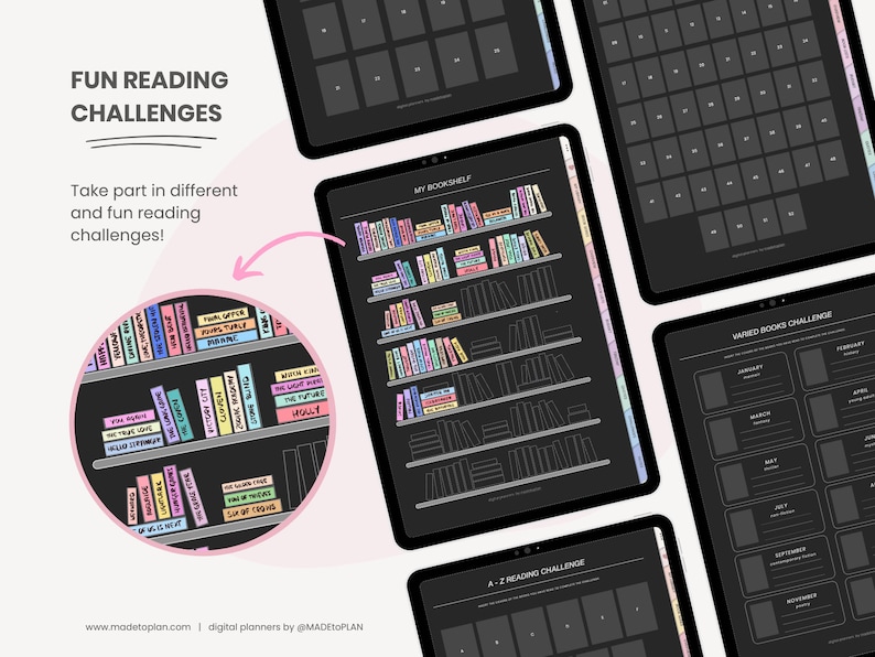 May include: A digital planner with a black background and colorful text. The planner features different reading challenges, including a bookshelf, a calendar, and an A-Z reading challenge. The text on the planner includes "FUN READING CHALLENGES", "MY BOOKSHELF", "VARIED BOOKS CHALLENGE", and "A-Z READING CHALLENGE".