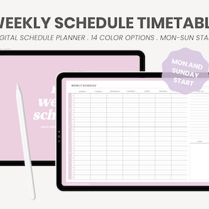 Op de afbeelding: Twee digitale tablets met een wekelijks schema. De tekst op het scherm luidt "WEEKLY SCHEDULE" en "MON AND SUNDAY START". Een witte stylus bevindt zich in de buurt van een van de tablets. De achtergrond is lichtroze.