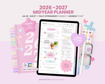 2026 2027 Mid Year Digital Planner, Portrait Dated Daily, Weekly, Monthly Digital Planner, iPad and Goodnotes Planner Journal MADEtoPLAN