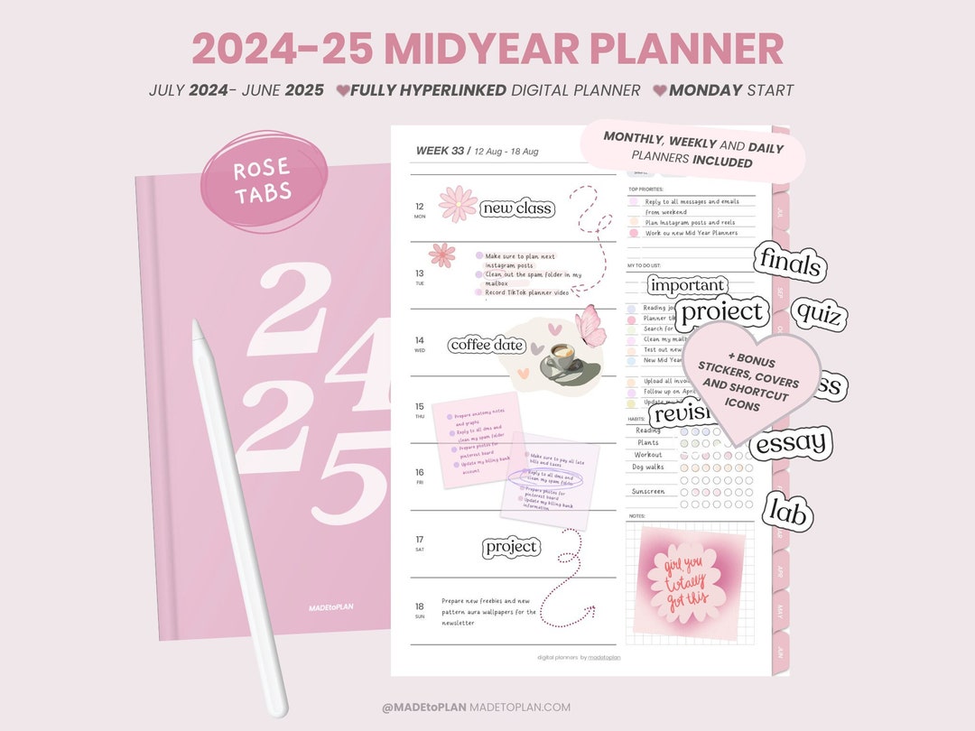2024-2025 Mid Year Portrait Digital Planner Weekly Planner Dated ...