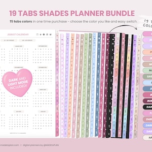 May include: A digital planner bundle featuring 19 tab color options including pink, lilac, peach, mocha, matcha, sage green, blue, denim, berry, burgundy, and black. The layout includes a 2026/27 calendar with a heart graphic stating DARK AND LIGHT MODE INCLUDED.