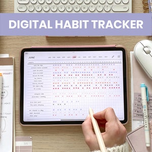 May include: A digital habit tracker on a tablet screen with a white stylus. The tracker is for the month of June and includes a list of habits to track, such as "walk the dogs", "workout", "read a book", and "drink more water".