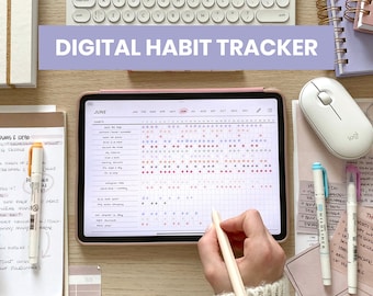 May include: A digital habit tracker on a tablet screen with a white stylus. The tracker is for the month of June and includes a list of habits to track, such as "walk the dogs", "workout", "read a book", and "drink more water".