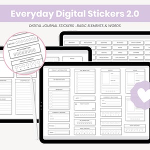 Könnte beinhalten: Drei digitale Planerseiten mit schwarzen und weißen Aufklebern für ein digitales Tagebuch. Die Aufkleber beinhalten einen Wasser-Tracker, einen Habit-Tracker, eine Einkaufsliste, eine To-Do-Liste und vieles mehr. Die Aufkleber befinden sich auf einem weißen Hintergrund.