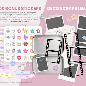 May include: A digital sticker set featuring 600 bonus stickers and deco scrap elements. Includes pastel buttons, photo frames, metal charms, paper clips, film strips, and a digital camera icon on a light pink background with text overlays.
