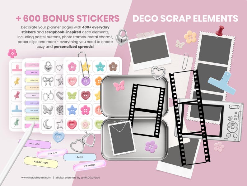 May include: A digital sticker set featuring 600 bonus stickers and deco scrap elements. Includes pastel buttons, photo frames, metal charms, paper clips, film strips, and a digital camera icon on a light pink background with text overlays.