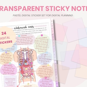 Könnte beinhalten: Ein Set mit 24 transparenten digitalen Haftnotizen in Pastellfarben. Die Notizen sind für die digitale Planung konzipiert. Das Bild zeigt die Notizen über einem Diagramm des menschlichen Bauchbereichs.