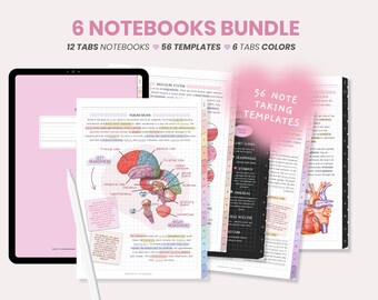 May include: A set of six notebooks with 12 tabs, 56 note-taking templates, and six tab colours. The notebooks feature a pink and white colour scheme and include illustrations of the human brain and heart.