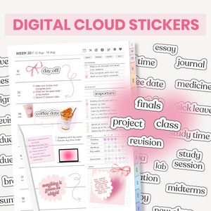 May include: Pink and white digital planner stickers with cloud-shaped borders. The stickers feature text such as "day off", "coffee date", "project", "finals", "study time", "class", "revision", "lab", "midterms", "essay", "journal", "medicine", "sick leave", and "study session".