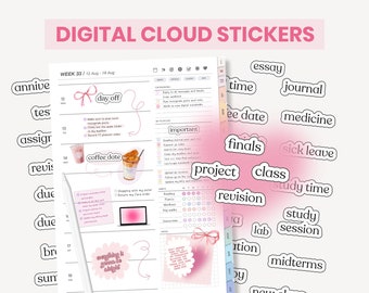 Könnte beinhalten: Rosa und weiße digitale Planer-Sticker mit Wolkenform. Die Sticker enthalten Text wie "frei", "Kaffee-Date", "Projekt", "Abschlussprüfungen", "Lernzeit", "Unterricht", "Wiederholung", "Labor", "Zwischenprüfungen", "Aufsatz", "Tagebuch", "Medizin", "Krankenschein" und "Lernsitzung".