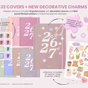 May include: A digital planner set featuring 32 pastel covers with the text 26 27, decorative charms including hearts, stars, and flowers, and a sheet of lifestyle stickers with icons like a teddy bear, coffee, and glasses on a light background.