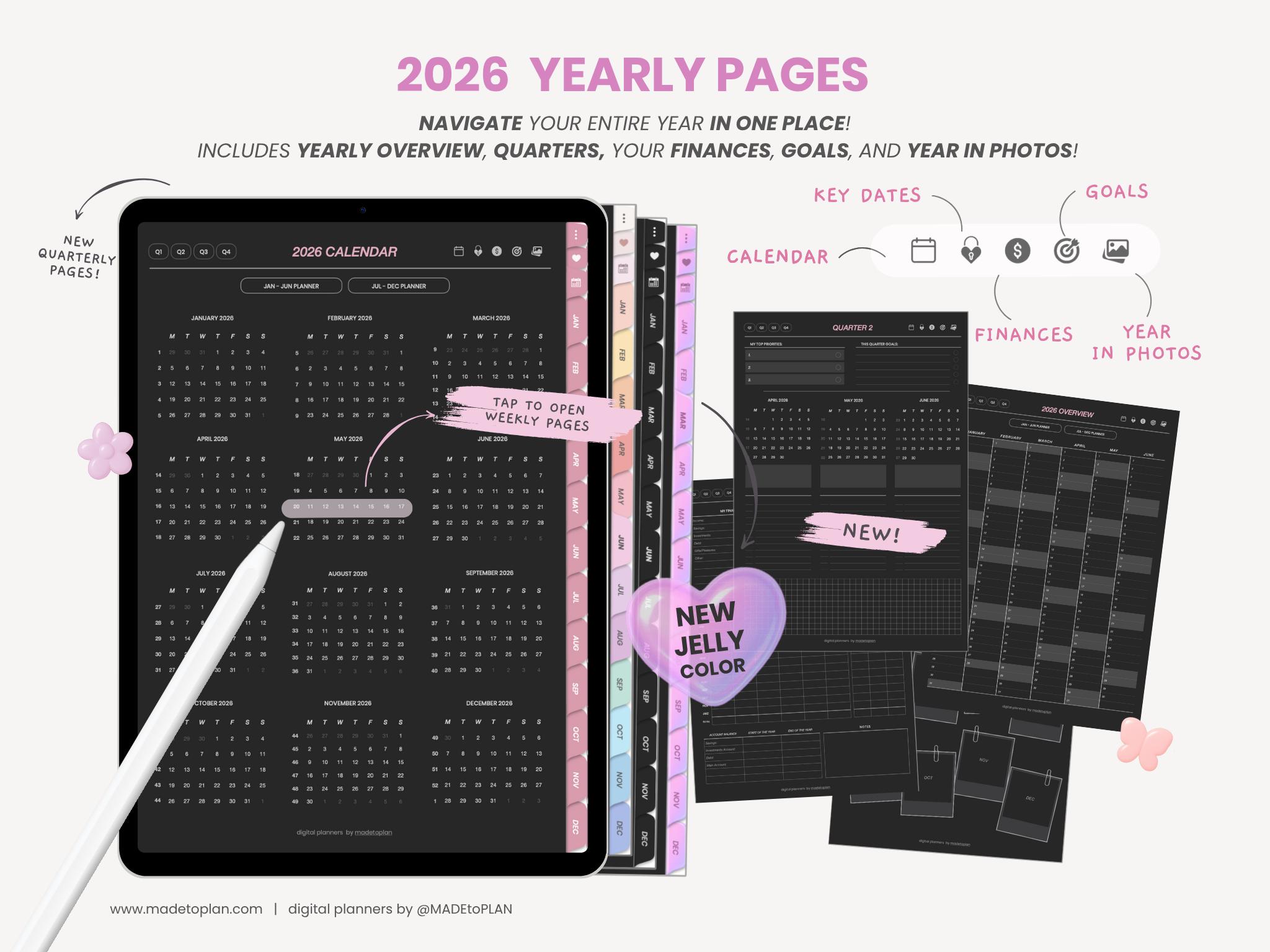 2026 Dark Mode Digital Planner| Hyperlinked Portrait Dated Monthly ...