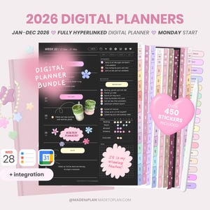 Pacchetto planner digitale 2026 / Modalità scura / Pagine con data mensile, settimanale e giornaliera con collegamenti ipertestuali / Adesivi per studenti di tutti i giorni per iPad Goodnotes MADEtoPLAN