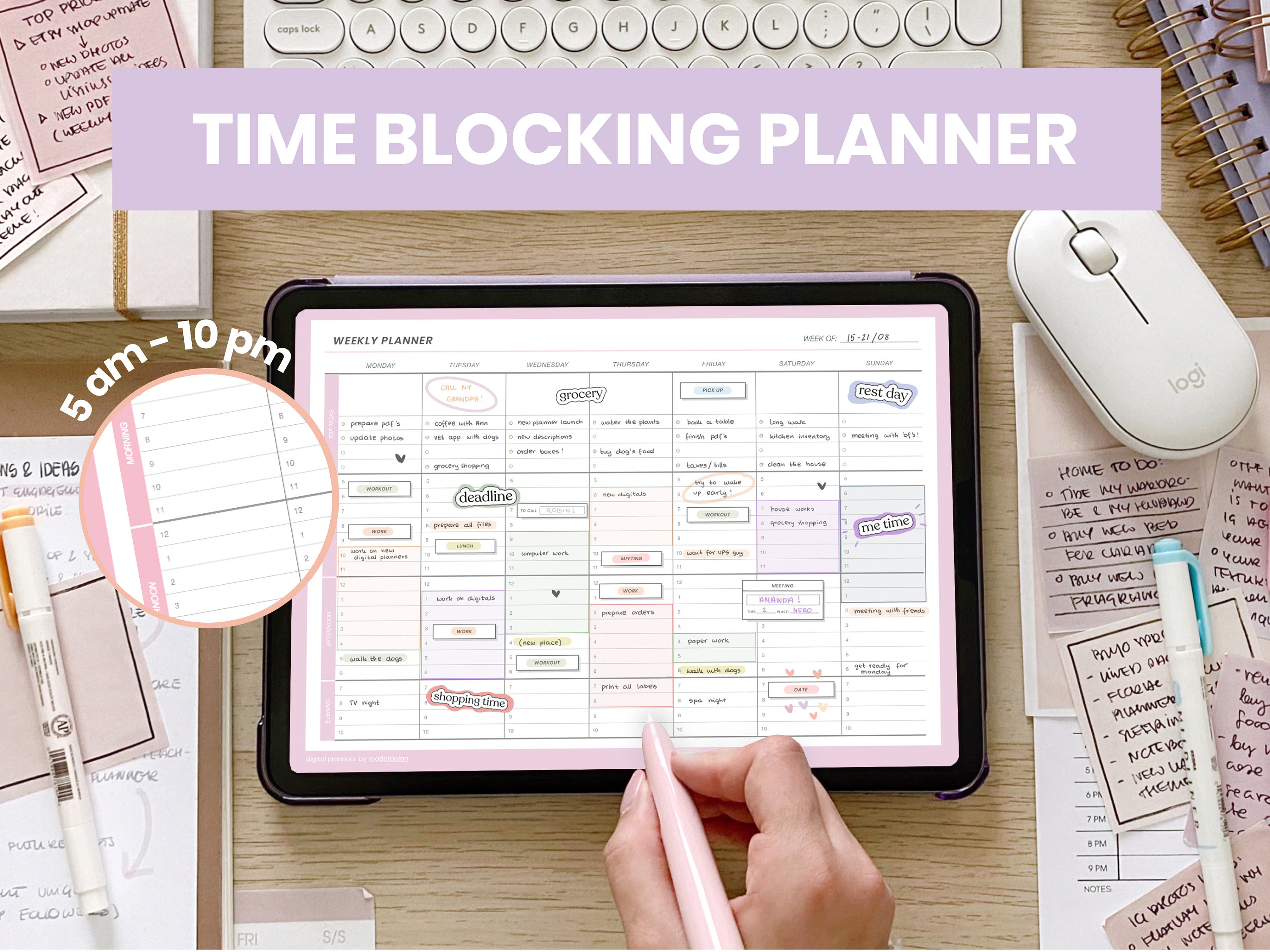 Digital Hourly Weekly Planner Time Block Spread Time Blocking Planner Daily  to Do List Template for iPad Goodnotes by Madetoplan 