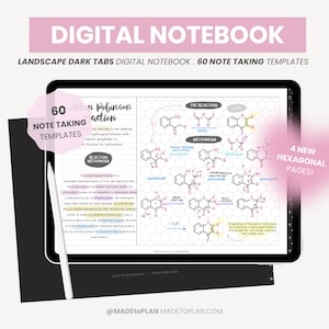 Puede incluir: Un cuaderno digital con 60 plantillas para tomar notas, incluyendo 4 nuevas páginas hexagonales. El cuaderno tiene un diseño horizontal con pestañas oscuras y un lápiz blanco. La imagen muestra una página con un diagrama de reacción química y el texto "La reacción de Robinson".