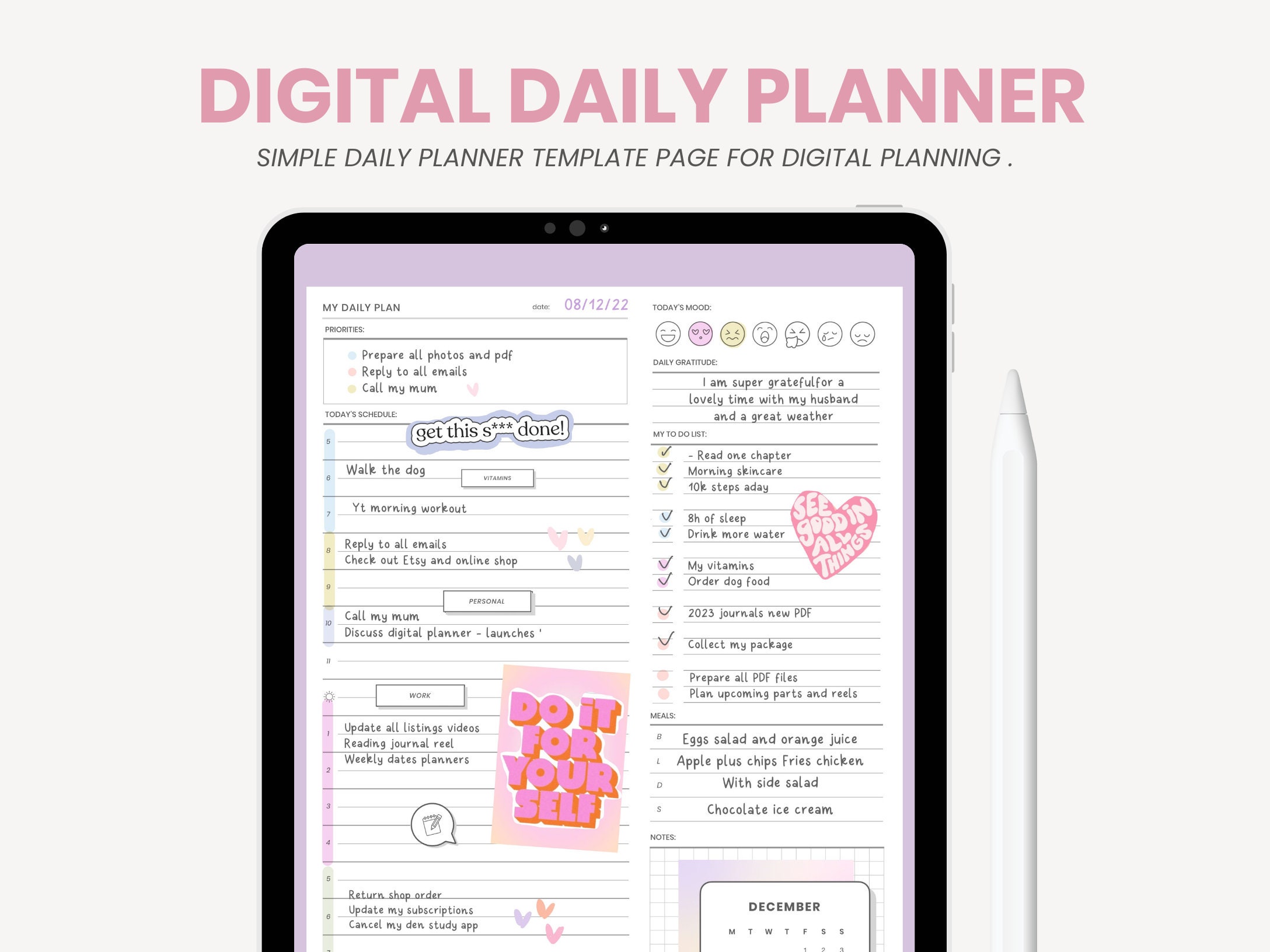 Bloc-notes quotidien numérique Planificateur numérique de liste de tâches  Planificateur numérique de portraits Horaire quotidien Planificateur iPad  pour Goodnotes par MADEtoPLAN -  France