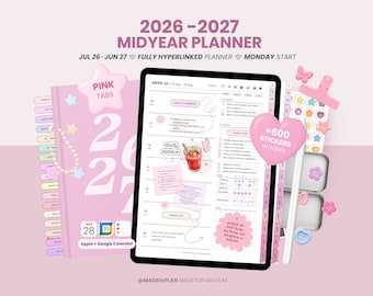 2026 2027 Mid Year Digital Planner, Portrait Dated Daily, Weekly, Monthly Digital Planner, iPad and Goodnotes Planner Journal MADEtoPLAN