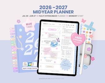 2026 2027 Mid Year Digital Planner, Portrait Dated Daily, Weekly, Monthly Digital Planner, iPad and Goodnotes Planner Journal MADEtoPLAN