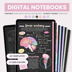 Quaderno digitale con schede / Modalità scura Modelli di appunti digitali per studenti / Pagine esagonali, a righe, a griglia, a punti, Cornell GoodNotes di MADEtoPLAN