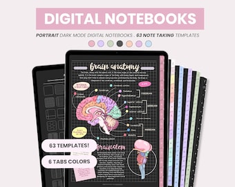 Può includere: Un modello di quaderno digitale con sfondo scuro e un motivo a griglia. Il modello presenta un'illustrazione colorata del cervello con etichette per le diverse parti. Il testo "brain anatomy" è in cima alla pagina. Il modello fa parte di un set di 63 modelli con 6 colori di linguette diversi.