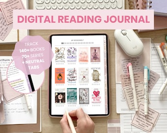 May include: A digital reading journal app on a tablet screen, showing a list of books and series. The app has a pink and white color scheme and features a bookshelf with book covers and ratings. The text "TRACK 140+ BOOKS 70+ SERIES + NEUTRAL TABS" is visible on the left side of the image.