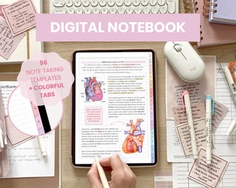 May include: A digital notebook with 56 note-taking templates and colorful tabs. The notebook is open to a page with a diagram of the cardiovascular system. The notebook is on a desk with other school supplies, including pens, highlighters, and sticky notes.