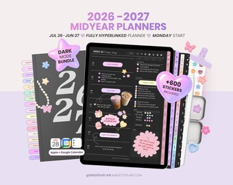 2026 2027 Mid Year Digital Planner Dark Mode, Portrait Dated Daily, Weekly, Monthly Digital Planner, iPad and Goodnotes Planner MADEtoPLAN