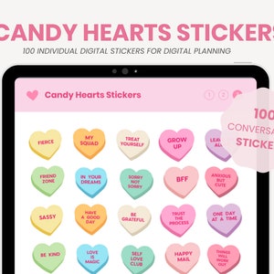 May include: A digital illustration of 100 conversation heart stickers. The stickers are in the shape of hearts and feature various phrases such as "Treat Yourself", "Grow Up", "BFF", "Sassy", "Be Kind", and "Love is Magic".
