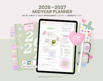 2026 2027 Mid Year Digital Planner, Portrait Dated Daily, Weekly, Monthly Digital Planner, iPad and Goodnotes Planner Journal MADEtoPLAN