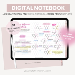 Quaderno digitale orizzontale / Quaderno per studenti con 12 materie / Modelli di carta esagonali per chimica organica per iPad Goodnotes di MADEtoPLAN