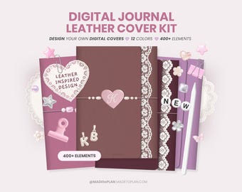 Digital Leather Journal Cover Kit, Realistic Leather Digital Journal, Trifold Aesthetic Planner Covers, Deco Charms Goodnotes by MADEtoPLAN