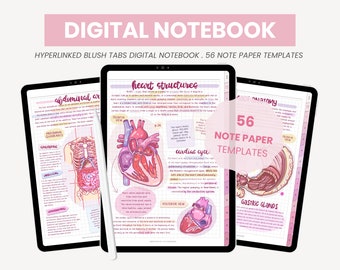 May include: A digital notebook with 56 note paper templates. The notebook has hyperlinked blush tabs and features illustrations of the human body, including the heart and digestive system. The text "56 Note Paper Templates" is visible in the center of the image.