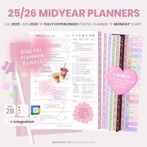 2025-2026 Portrait Mid Year Digital Planner Bundle  Hyperlinked Dated Monthly Weekly Daily Pages Everyday Stickers iPad Goodnotes MADEtoPLAN
