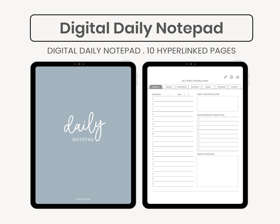 Bloc-notes quotidien numérique Planificateur numérique de liste de tâches  Planificateur numérique de portraits Horaire quotidien Planificateur iPad  pour Goodnotes par MADEtoPLAN -  France