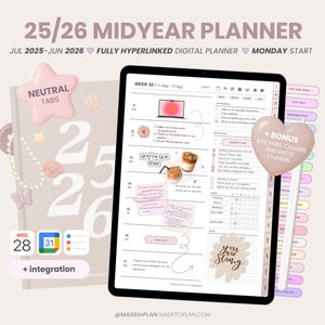 2025-2026 Portrait Mid Year Digital Planner | Hyperlinked Dated Monthly Weekly Daily Pages | Everyday Stickers iPad Goodnotes MADEtoPLAN