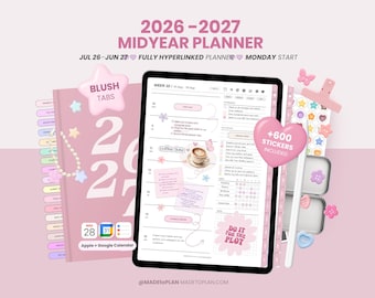 2026 2027 Mid Year Digital Planner, Portrait Dated Daily, Weekly, Monthly Digital Planner, iPad and Goodnotes Planner Journal MADEtoPLAN