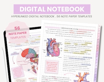 May include: A digital notebook with 56 note paper templates. The notebook features a pink and purple color scheme and includes illustrations of the human brain and heart. The page shows a diagram of the cardiovascular system with labels for the heart, arteries, veins, and capillaries.