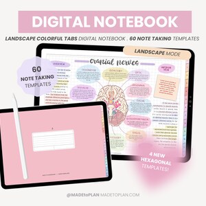 May include: A digital notebook app with 60 note-taking templates, including a template with a colorful illustration of the cranial nerves. The app is shown on a tablet in landscape mode. The text "LANDSCAPE MODE" is displayed at the top of the screen. The text "60 NOTE TAKING TEMPLATES" is displayed on the left side of the screen. The text "4 NEW HEXAGONAL TEMPLATES!" is displayed at the bottom of the screen.