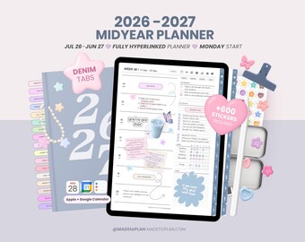2026 2027 Mid Year Digital Planner, Portrait Dated Daily, Weekly, Monthly Digital Planner, iPad and Goodnotes Planner Journal MADEtoPLAN