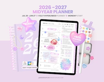 2026 2027 Mid Year Digital Planner, Portrait Dated Daily, Weekly, Monthly Digital Planner, iPad and Goodnotes Planner Journal MADEtoPLAN