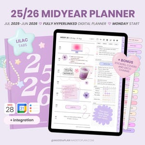2025-2026 Portrait Mid Year Digital Planner | Hyperlinked Dated Monthly Weekly Daily Pages | Everyday Stickers iPad Goodnotes MADEtoPLAN