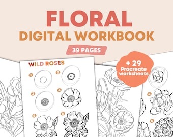 How To Draw Flowers Procreate Workbook | Floral Digital Step-By-Step Drawing Guide eBook - Drawing Practice Worksheets - Learn How To Draw