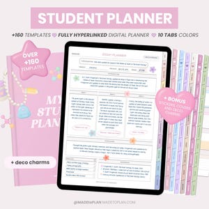 May include: A digital student planner with a pink cover and a tablet displaying an essay planner. The image includes a star-shaped graphic with "+160 templates" and a heart-shaped graphic with "+ bonus stickers covers and deco charms". The planner has tabs in various pastel colors.