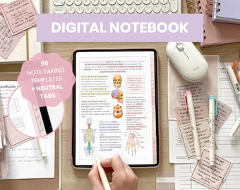 May include: A digital notebook app open on a tablet with a hand holding a stylus. The screen shows a diagram of the human skeletal system. The tablet is surrounded by various stationery items, including highlighters, pens, sticky notes, and a wireless mouse. The text "DIGITAL NOTEBOOK" is displayed in a pink banner above the tablet.