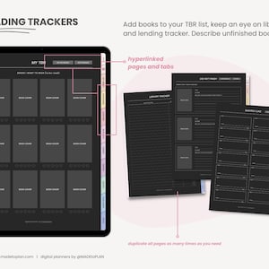 May include: A digital planner for tracking reading progress. The planner includes a "My TBR" section with book covers, a "Library Tracker" section, and a "Quotes I Like" section. The planner has hyperlinked pages and tabs.