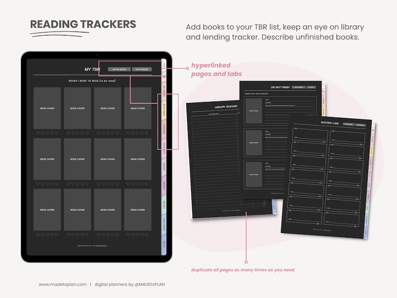May include: A digital planner for tracking reading progress. The planner includes a "My TBR" section with book covers, a "Library Tracker" section, and a "Quotes I Like" section. The planner has hyperlinked pages and tabs.