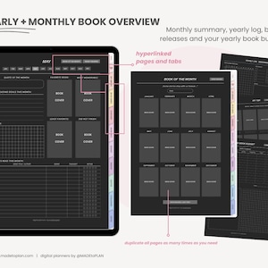 May include: A black and white digital planner with tabs for each month of the year. The planner includes pages for tracking books read, favorite books, and a yearly book budget. The text "YEARLY + MONTHLY BOOK OVERVIEW" is at the top of the page.