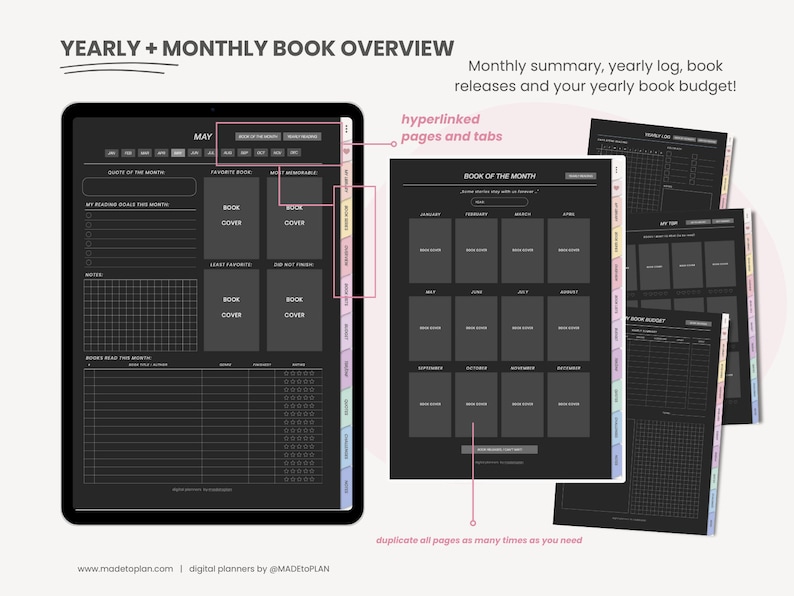 May include: A black and white digital planner with tabs for each month of the year. The planner includes pages for tracking books read, favorite books, and a yearly book budget. The text "YEARLY + MONTHLY BOOK OVERVIEW" is at the top of the page.