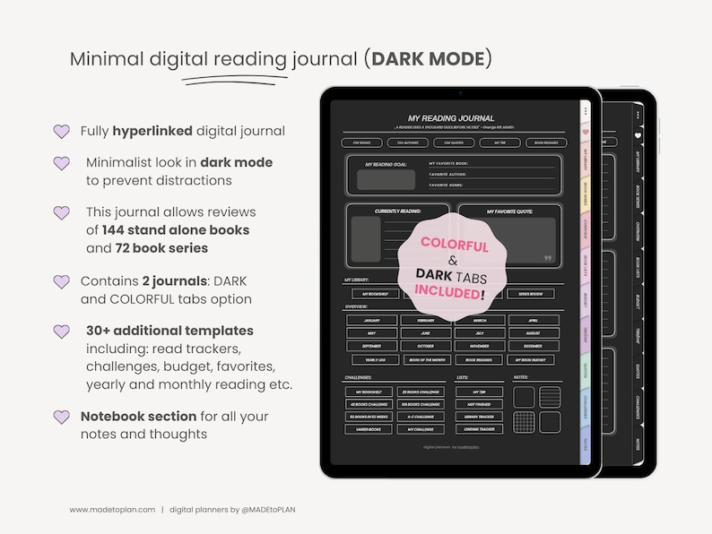 May include: A digital reading journal in dark mode with a minimalist design. The journal includes sections for tracking books read, favorite quotes, and monthly reading goals. It also features colorful and dark tabs. The text "MY READING JOURNAL" is at the top of the page.